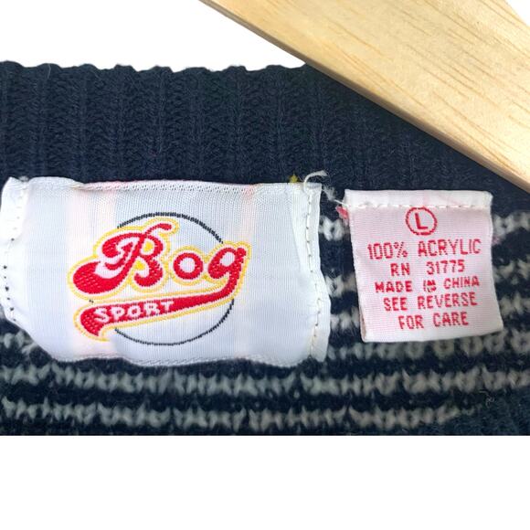Vintage BOG Sport Men's Black and White Nordic Crewneck Sweater Sz L - Picture 6 of 7